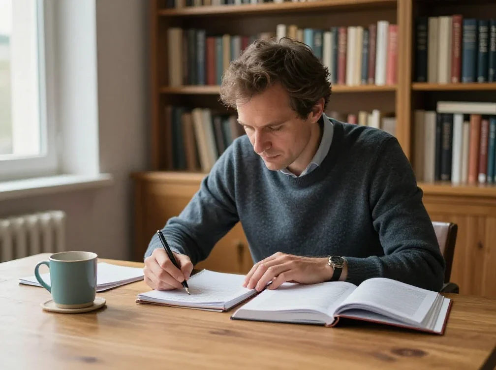 Un homme étudie diverses publications pour synthétiser des informations et rester informé efficacement.